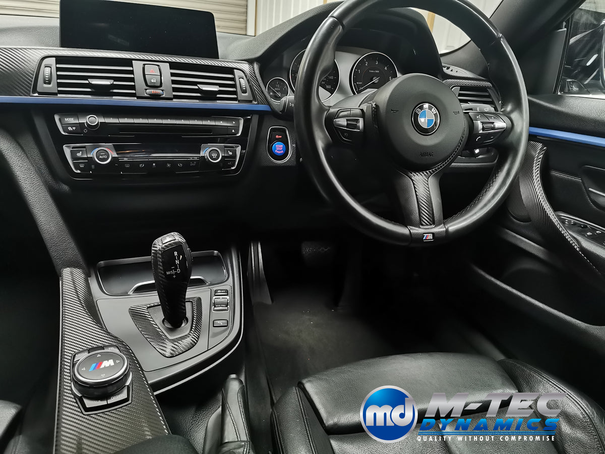 WRAPPING SERVICE - BMW F3X INTERIOR TRIM SET - TEXTURED CARBON / BLUE ACCENT - (F30 F31 F32 F33 F36)