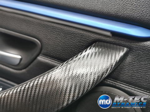 WRAPPING SERVICE - BMW F3X INTERIOR TRIM SET - DEEP TEXTURED GLOSSY CARBON / BLUE ACCENT (MTD-TEX) - F30 F31 F32 F33 F36