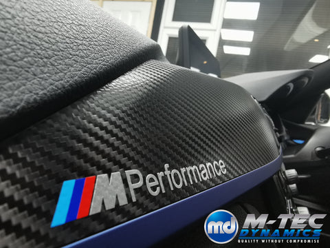 WRAPPING SERVICE - BMW F3X INTERIOR TRIM SET - DEEP TEXTURED GLOSSY CARBON / BLUE ACCENT (MTD-TEX) - F30 F31 F32 F33 F36
