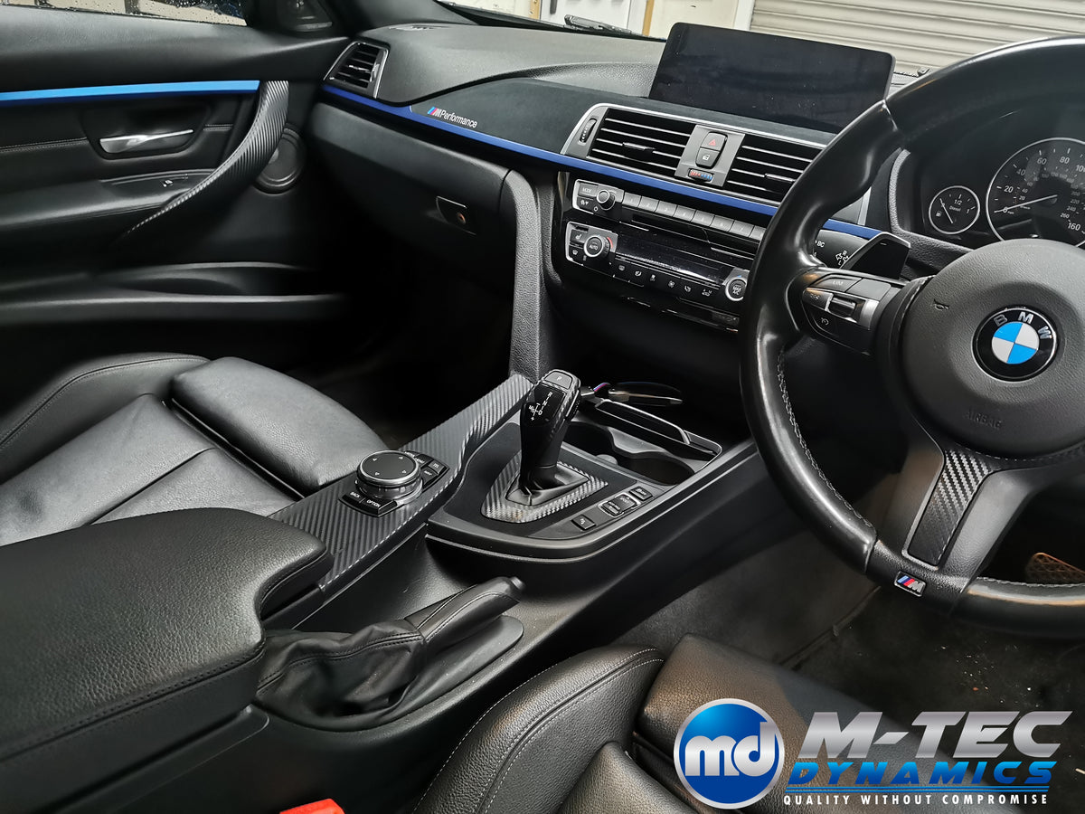 WRAPPING SERVICE - BMW F3X INTERIOR TRIM SET - 3D CARBON / ALCANTARA / BLUE ACCENT - (F30 F31 F32 F33 F36)