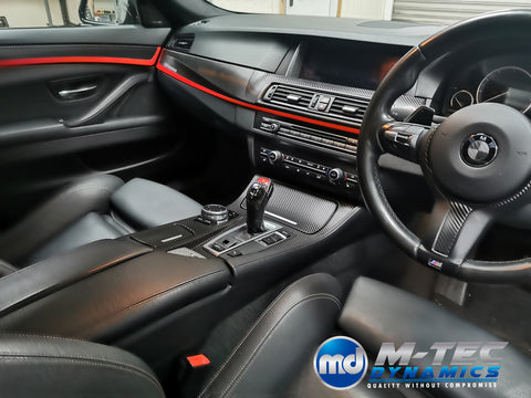 WRAPPING SERVICE - BMW F10 F11 INTERIOR TRIM SET - DEEP TEXTURED GLOSSY BLACK CARBON / CUSTOM COLOUR ACCENT TRIM