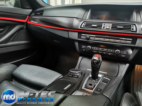 WRAPPING SERVICE - BMW F10 F11 INTERIOR TRIM SET - DEEP TEXTURED GLOSSY BLACK CARBON / CUSTOM COLOUR ACCENT TRIM