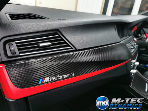 BMW F10 F11 AUTO INTERIOR TRIM SET - DEEP TEXTURED GLOSSY BLACK CARBON / RED ACCENT (MTD-TEX)