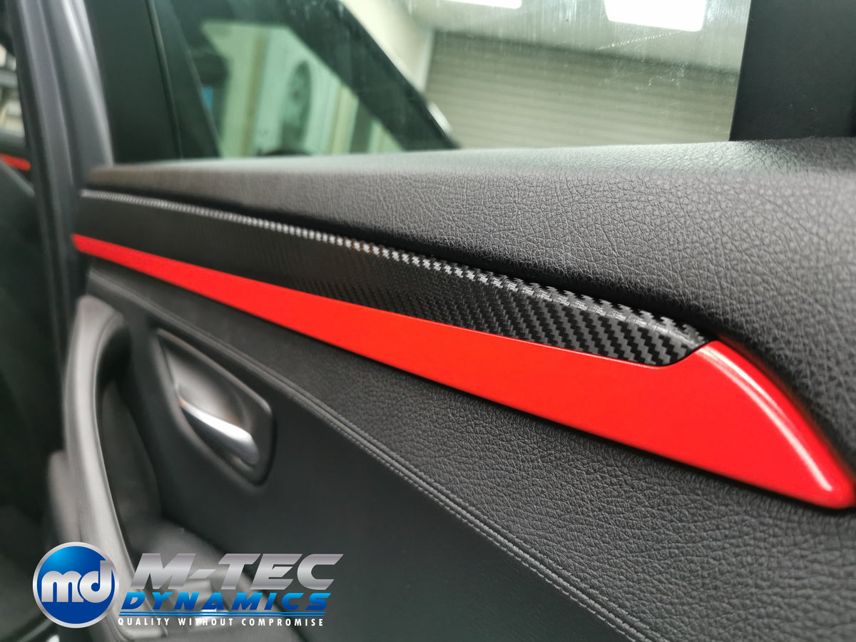 BMW F10 F11 AUTO INTERIOR TRIM SET - TEXTURED GLOSSY BLACK CARBON / RED ACCENT (MTD-TEX)