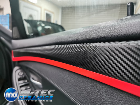 BMW F10 F11 AUTO INTERIOR TRIM SET - DEEP TEXTURED GLOSSY BLACK CARBON / RED ACCENT (MTD-TEX)