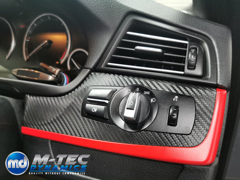 BMW F10 F11 AUTO INTERIOR TRIM SET - DEEP TEXTURED GLOSSY BLACK CARBON / RED ACCENT (MTD-TEX)