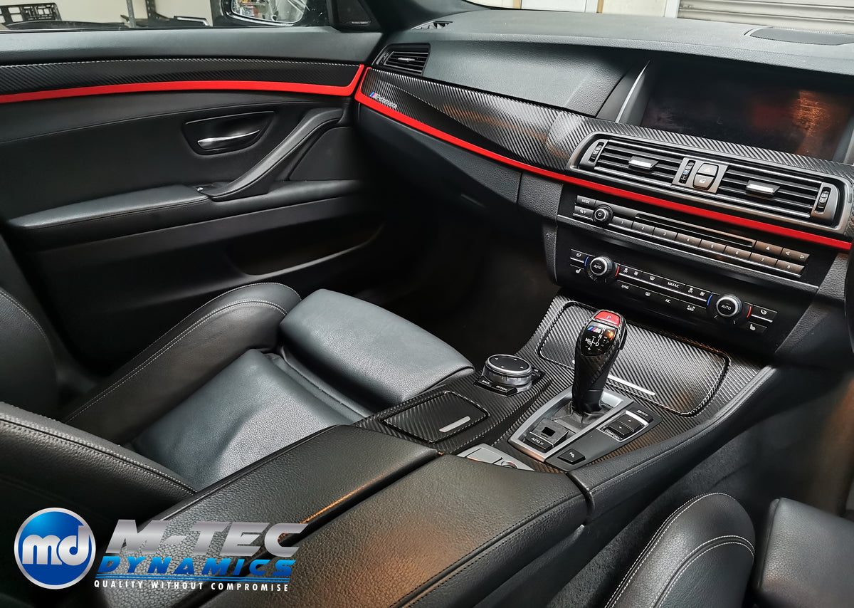 BMW F10 F11 AUTO INTERIOR TRIM SET - TEXTURED GLOSSY BLACK CARBON / RED ACCENT (MTD-TEX)