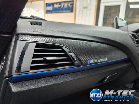 WRAPPING SERVICE - BMW F2X INTERIOR TRIM SET - DEEP TEXTURED GLOSSY CARBON / BLUE ACCENT (MTD-TEX) - F20 F21 F22 F23